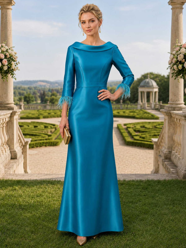 Satin A-line bateau-neck floor-length evening dress front view with three-quarter sleeves, feather-trim cuffs, and defined waist