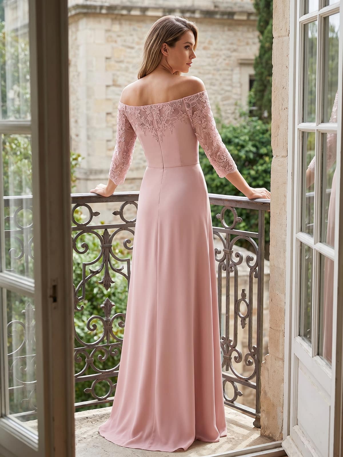 Lace Chiffon-line floor-length evening dress back view with off-shoulder lace sleeves, fitted bodice and concealed zipper