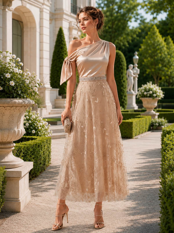 Silk-like satin A-line one-shoulder midi evening dress front view with lace overlay and bow detail