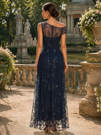 Lace chiffon A-line off-shoulder floor-length evening dress back view with lace overlay and concealed zipper