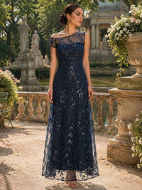 Lace chiffon A-line off-shoulder floor-length evening dress front view with embroidered lace overlay and illusion neckline