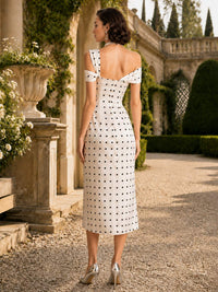 Polka dot print A-line off-shoulder midi evening dress back view with fitted bodice and concealed zipper