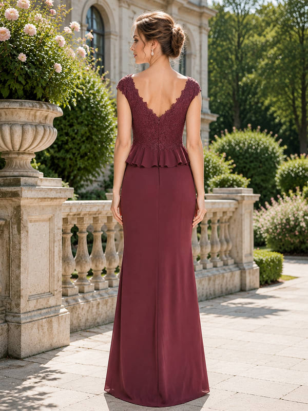 Chiffon lace sheath floor-length evening dress back view with V-back lace bodice and concealed zipper
