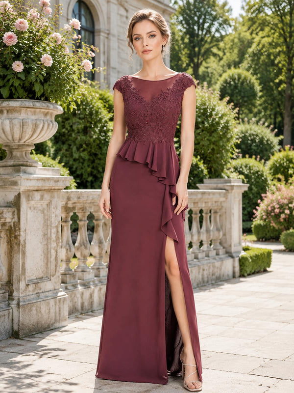 Chiffon lace sheath floor-length evening dress front view with illusion bateau neckline, peplum ruffle, and front slit