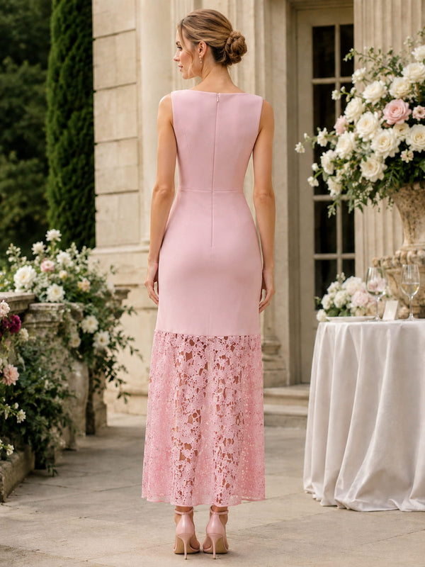 Pink 4-way stretch mother of the bride dress back view with bateau neckline, center back zipper, fitted sheath silhouette, and lace panel ankle length skirt