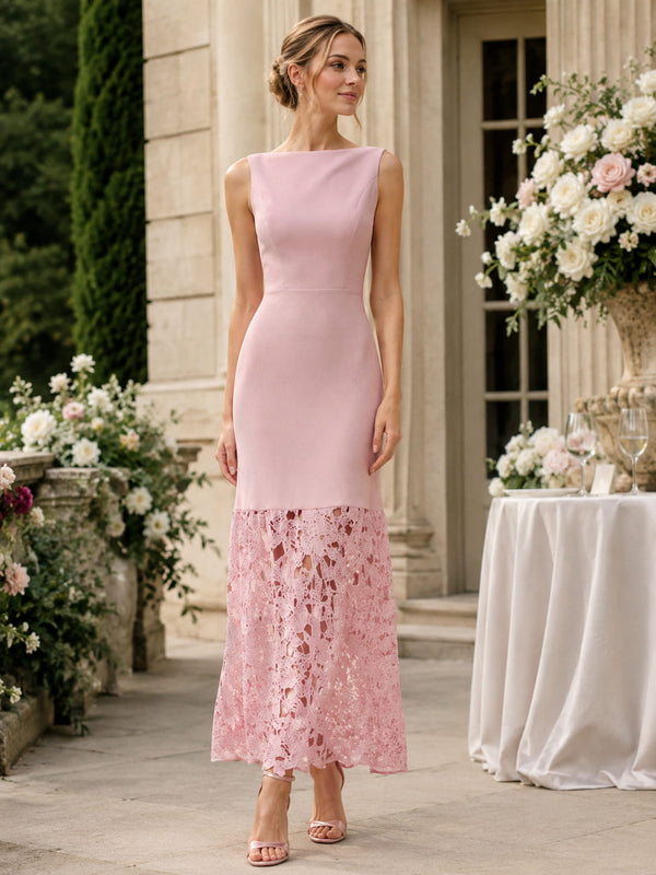 Pink 4-way stretch mother of the bride dress front view with bateau neckline, sleeveless sheath bodice, lace panel skirt, and ankle length silhouette