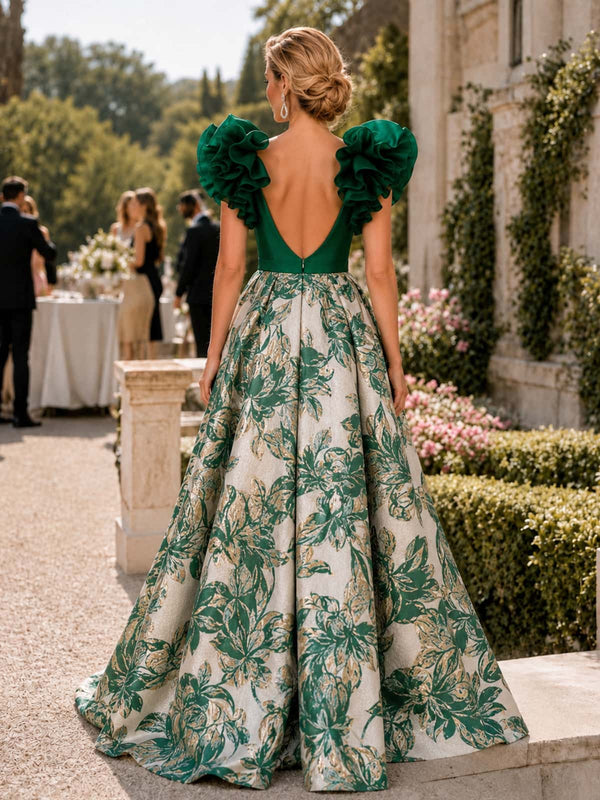 Floral jacquard satin A-line floor-length evening dress back view with deep V-back and statement ruffle sleeves