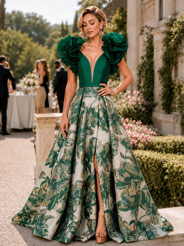 Floral jacquard satin A-line deep V-neck floor-length evening dress front view with ruffle sleeves and front slit