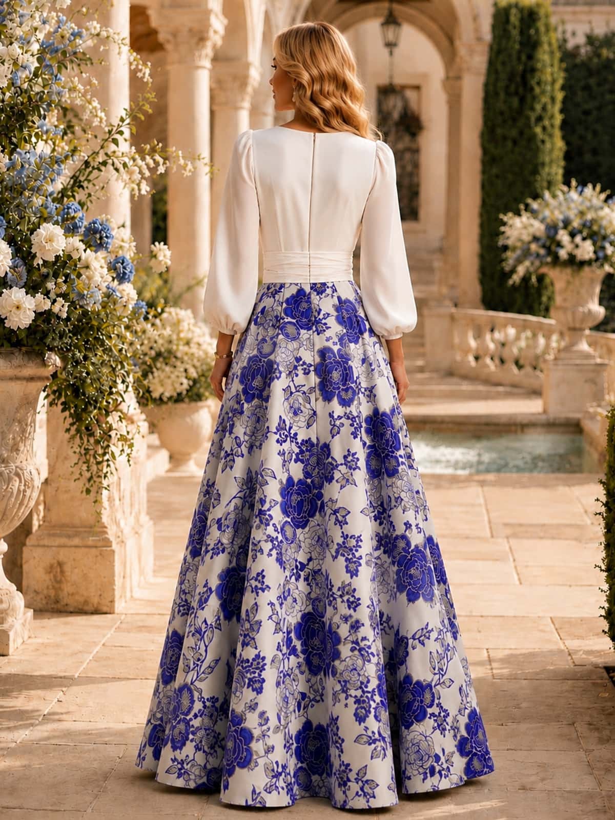 Floral jacquard satin A-line floor-length evening dress back view with long sleeves and concealed zipper