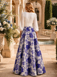 Floral jacquard satin A-line floor-length evening dress back view with long sleeves and concealed zipper