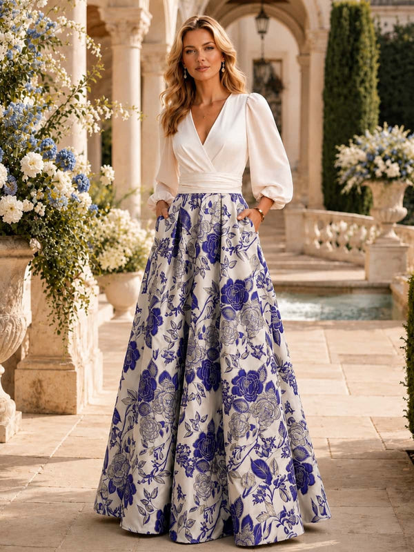 Floral jacquard satin A-line V-neck floor-length evening dress front view with bishop sleeves and pockets