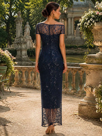Lace chiffon floor length evening dress back view with lace overlay and concealed zipper