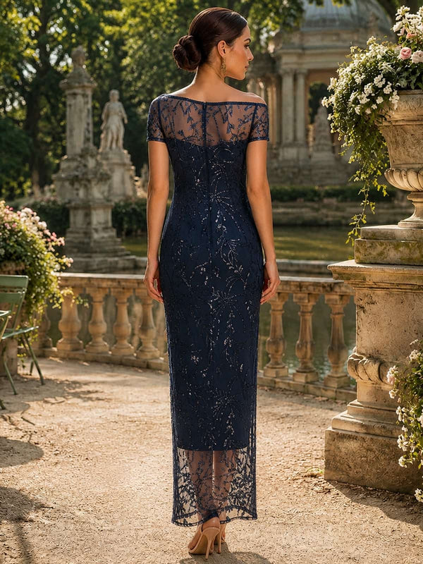 Lace chiffon floor length evening dress back view with lace overlay and concealed zipper