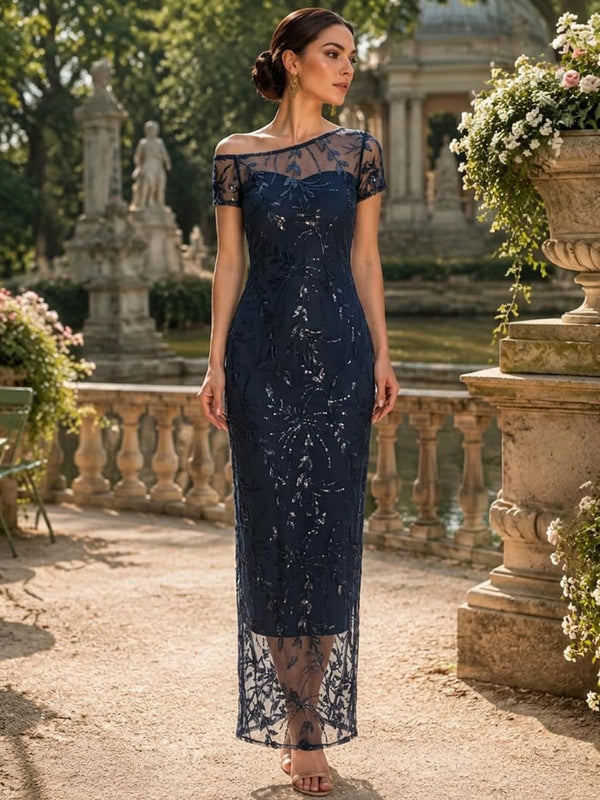 Lace chiffon sheath off shoulder floor length evening dress with illusion neckline front view