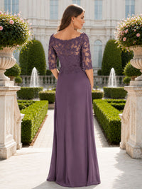 Lace chiffon floor length evening dress back view with lace sleeves and concealed zipper