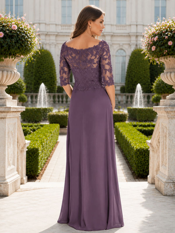 Lace chiffon floor length evening dress back view with lace sleeves and concealed zipper