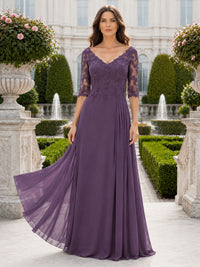 Lace chiffon A line V neck floor length evening dress with 3/4 lace sleeves front view
