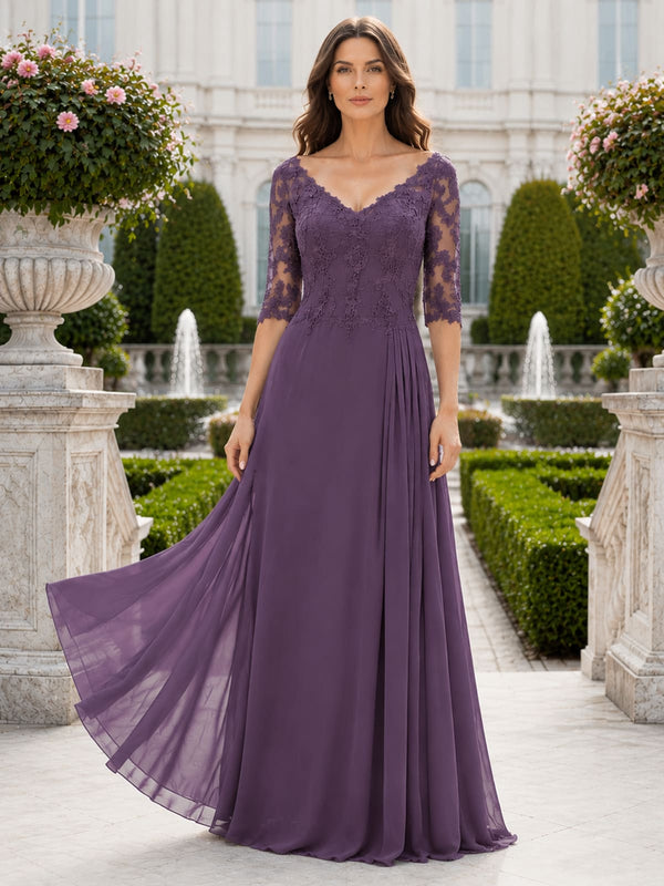 Lace chiffon A line V neck floor length evening dress with 3/4 lace sleeves front view