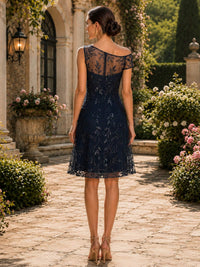 Chiffon lace A-line midi evening dress back view with lace overlay, sheer back panel, and concealed zipper
