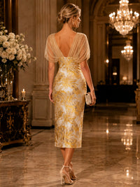 Jacquard midi evening dress back view with concealed zipper and elegant fitted silhouette