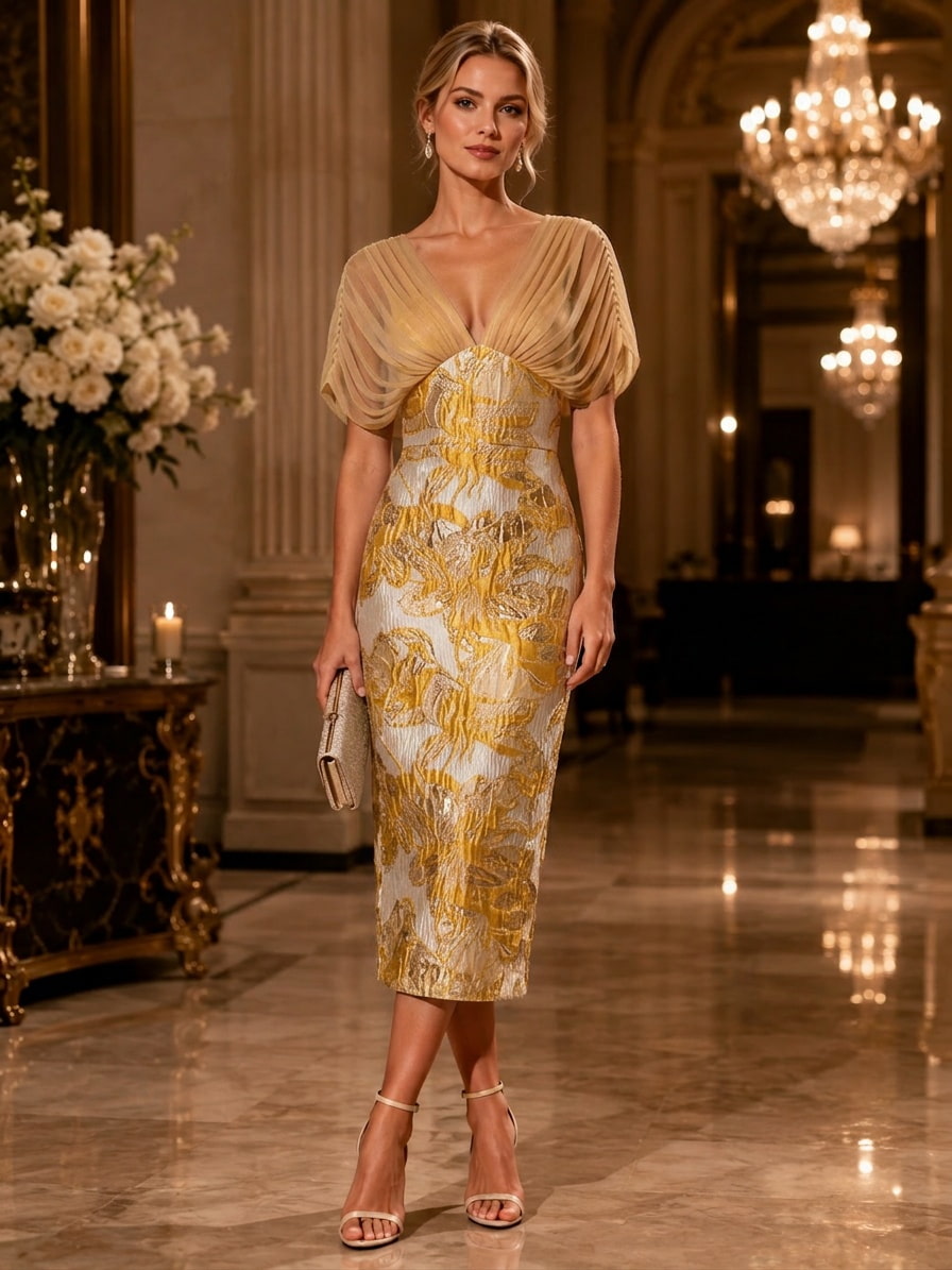 Jacquard sheath V neck midi evening dress with draped sheer sleeve detail front view