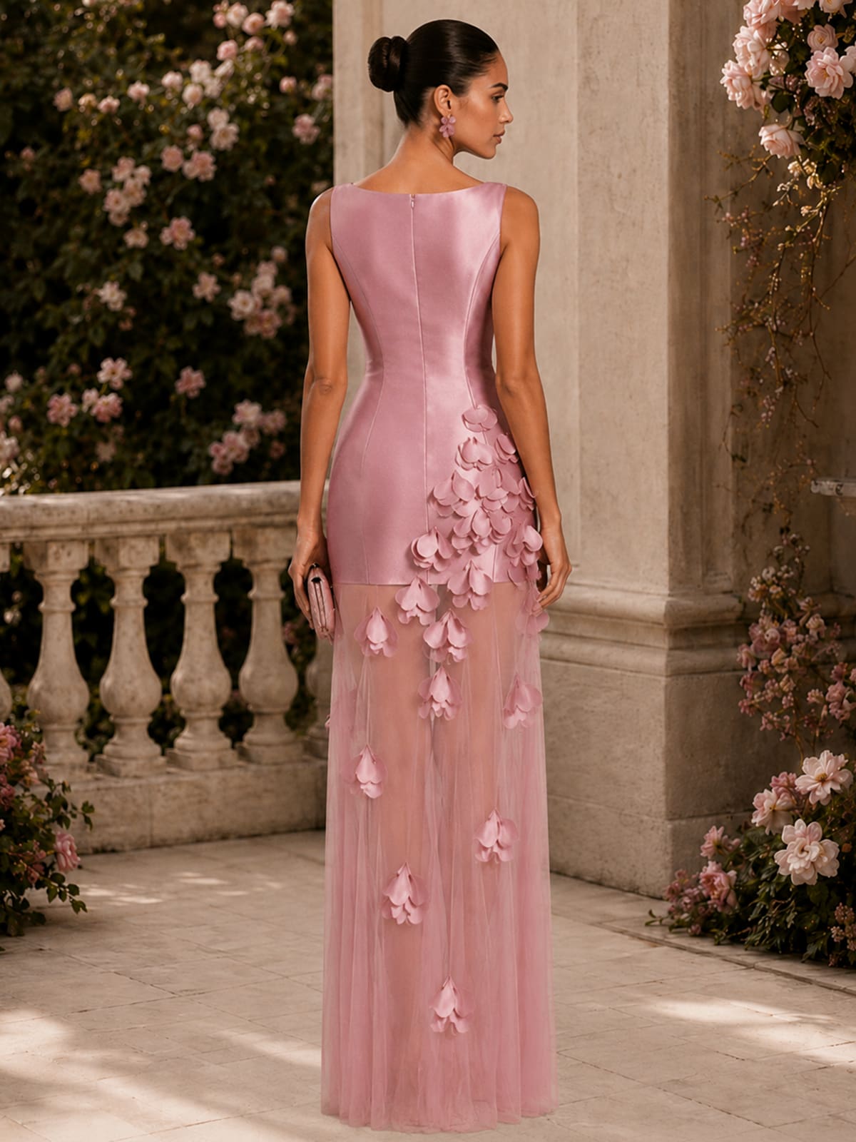 Satin sheath boat-neck floor-length evening dress back view with fitted silhouette, floral appliqué details, and concealed zipper