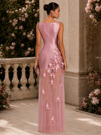 Satin sheath boat-neck floor-length evening dress back view with fitted silhouette, floral appliqué details, and concealed zipper