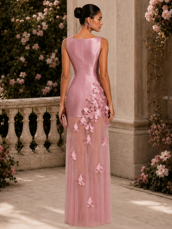 Satin sheath boat-neck floor-length evening dress back view with fitted silhouette, floral appliqué details, and concealed zipper