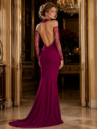 Chiffon sheath floor-length evening dress back view with open back, lace sleeves, and concealed zipper