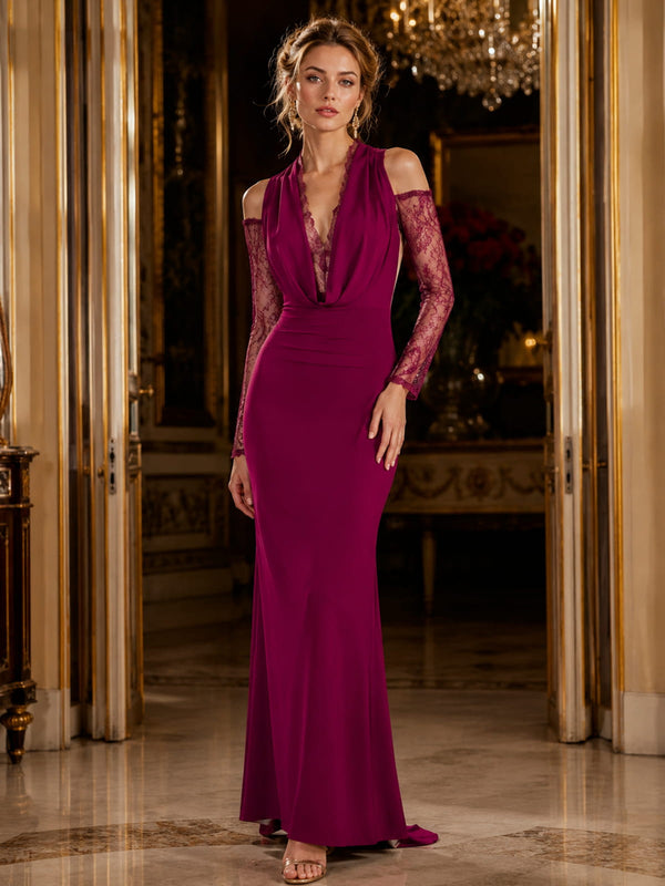 Chiffon sheath halter-neck floor-length evening dress front view with lace long sleeves and draped bodice
