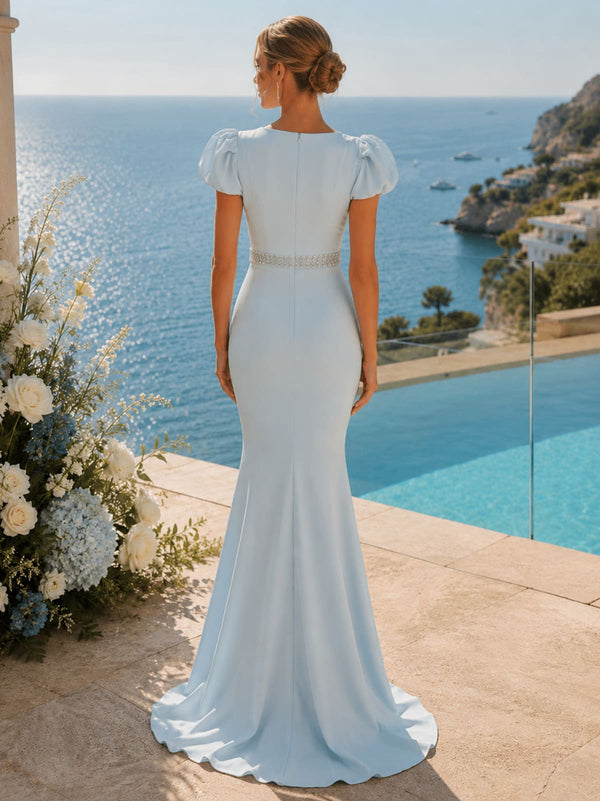 Chiffon mermaid floor-length evening dress back view with puff sleeves, fitted waist, and concealed zipper