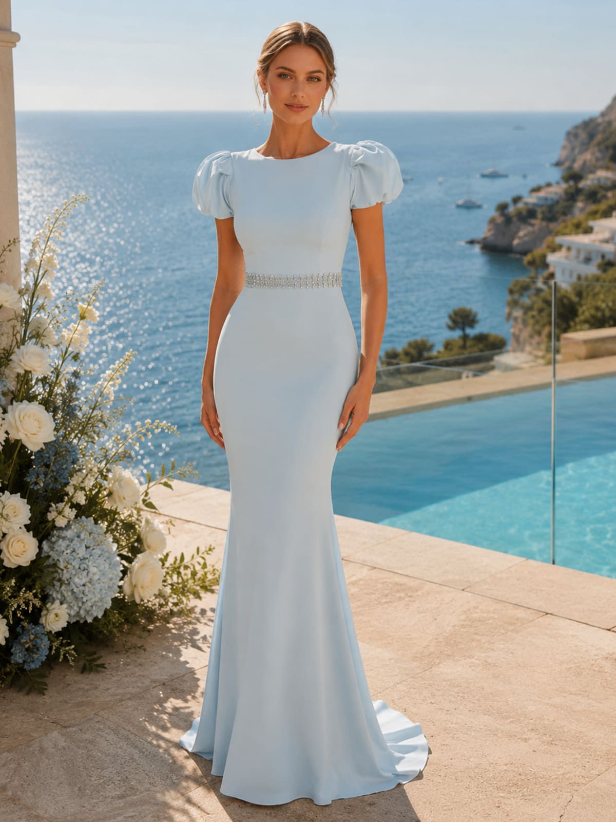 Chiffon mermaid round-neck floor-length evening dress front view with puff sleeves, beaded waistband, and fitted silhouette