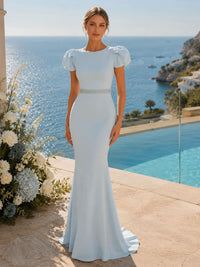 Chiffon mermaid round-neck floor-length evening dress front view with puff sleeves, beaded waistband, and fitted silhouette