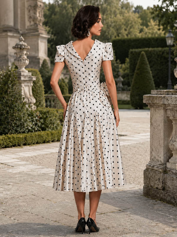 Polka dot print A-line midi evening dress back view with puff sleeves, fitted waist, and concealed zipper
