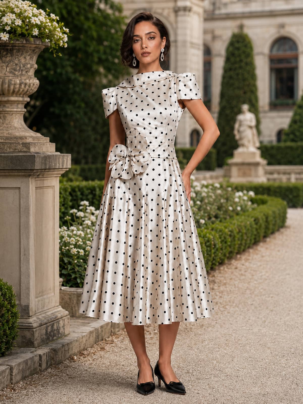 Polka dot print A-line high-neck midi evening dress front view with puff sleeves, bow waist detail, and flowing skirt