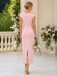 Blush 4-way stretch mother of the bride dress back view with center back zipper, cap sleeves, back slit, sheath silhouette, and ankle length skirt