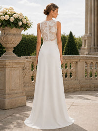 Floral chiffon lace A-line floor-length evening dress back view with sheer floral lace back, defined waist, and concealed zipper