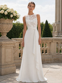 Floral chiffon lace A-line jewel-neck floor-length evening dress front view with sheer floral lace bodice, waist tie, and flowing skirt