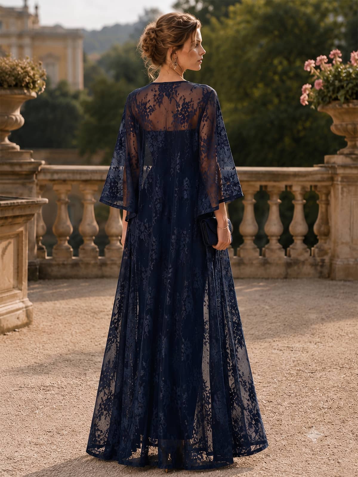 Chiffon sheath square-neck floor-length evening dress back view with long lace overlay jacket and sheer sleeves