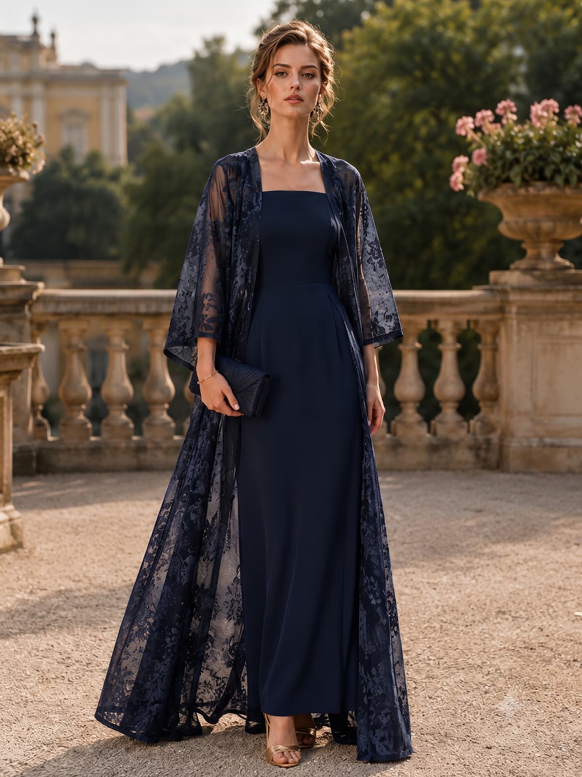 Chiffon sheath square-neck floor-length evening dress front view with lace overlay jacket and sheer three-quarter sleeves