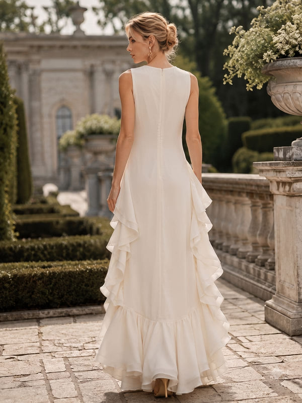 Chiffon A-line jewel-neck floor-length evening dress back view with sleeveless design, cascading ruffle details, and concealed zipper