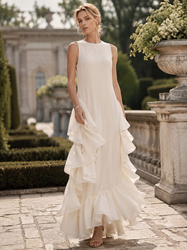 Chiffon A-line jewel-neck floor-length evening dress front view with sleeveless bodice, cascading side ruffles, and ruffled hem