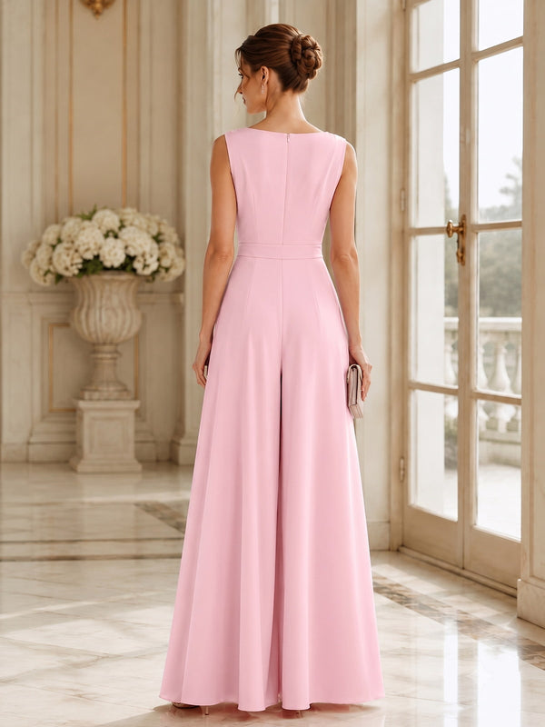 Chiffon wide leg jewel-neck floor-length evening jumpsuit back view with concealed zipper and flowing wide leg pants