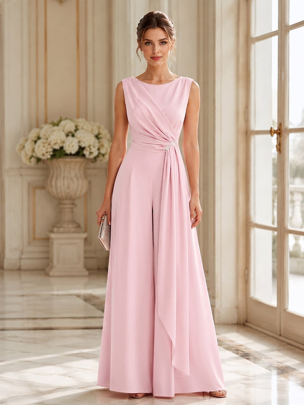 Chiffon wide leg jewel-neck floor-length evening jumpsuit front view with draped waist and side sash detail