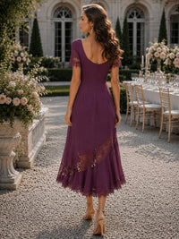 Chiffon A-line jewel-neck midi length evening dress back view with lace trim details and concealed zipper