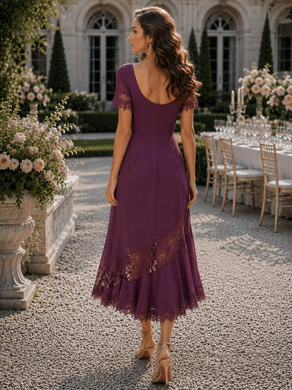 Chiffon A-line jewel-neck midi length evening dress back view with lace trim details and concealed zipper