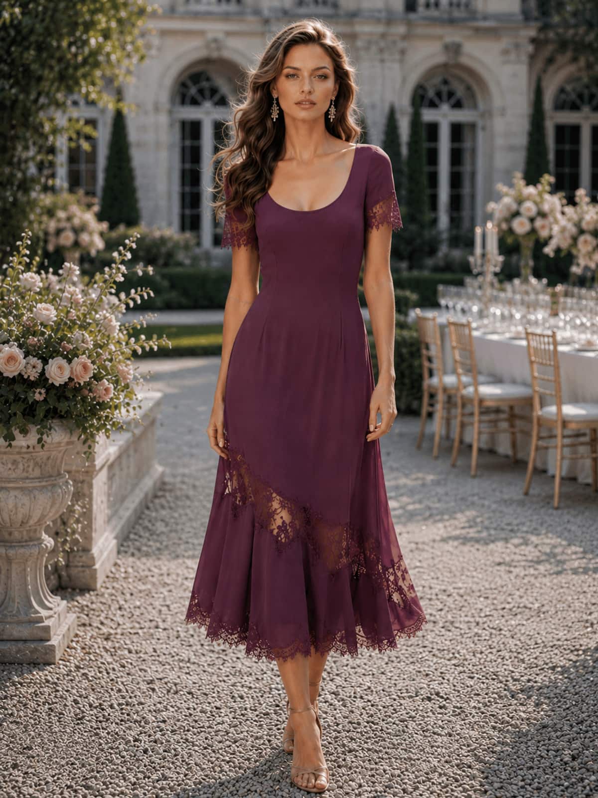 Chiffon A-line jewel-neck midi length evening dress front view with lace trim sleeves and lace hem