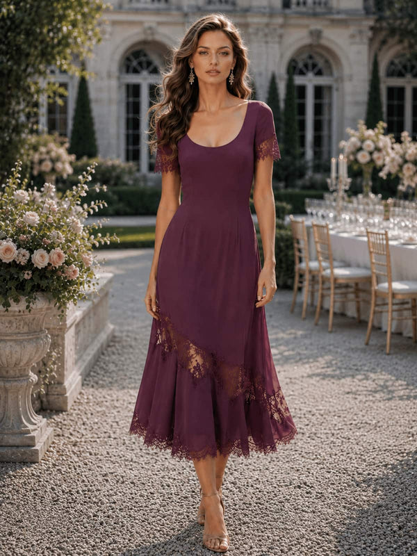 Chiffon A-line jewel-neck midi length evening dress front view with lace trim sleeves and lace hem