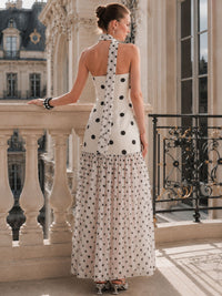 Polka dot A-line strapless tea-length evening dress back view with neck scarf and concealed zipper