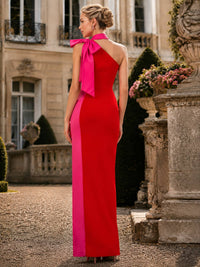 Satin one shoulder sheath midi length evening dress back view with fitted silhouette
